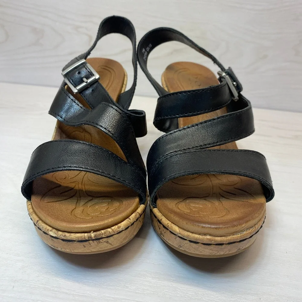 B.O.C. Womens 7M Wedge Sandals Strappy Cork Black Z13703 Boho Comfort